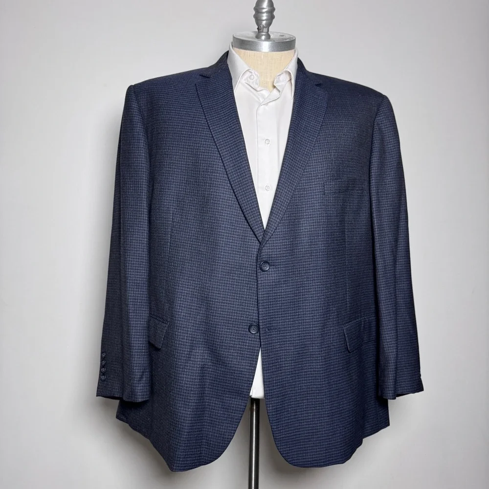Pronto Uomo Platinum Blazer Mens 56R Navy Blue Micro-Check 100% Wool Two-Button